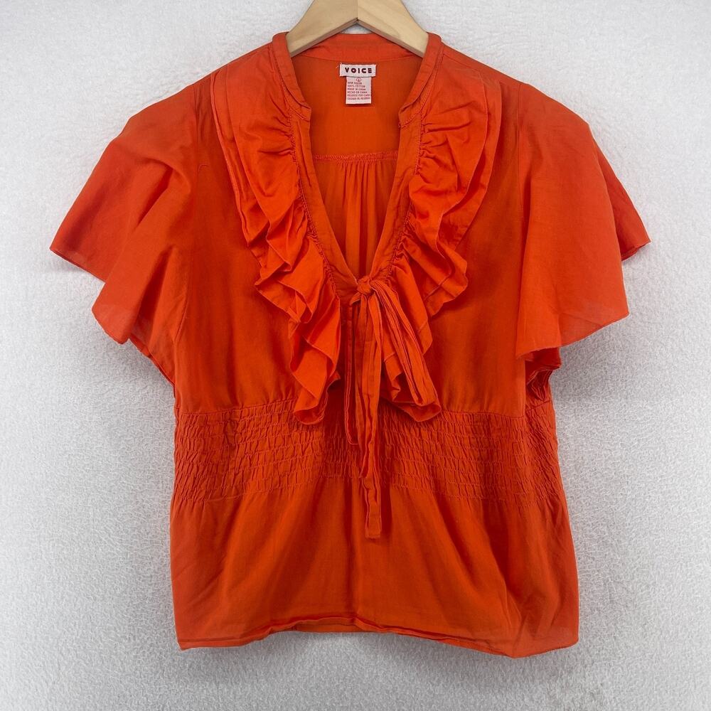 VOICE Top Womens S Ruffle V-Neck Blouse Smocked Flutter Sleeve Cotton Orange Vtg